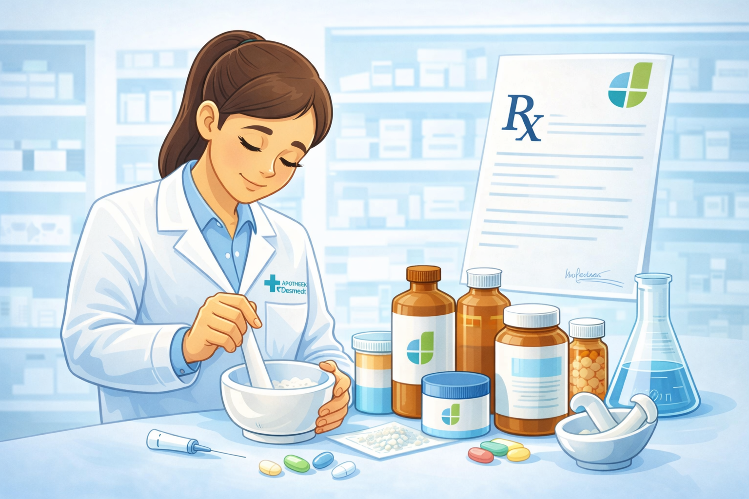 Vakkundige bereiding van magistrale recepten door apotheker Mieke Desmedt te Aartrijke