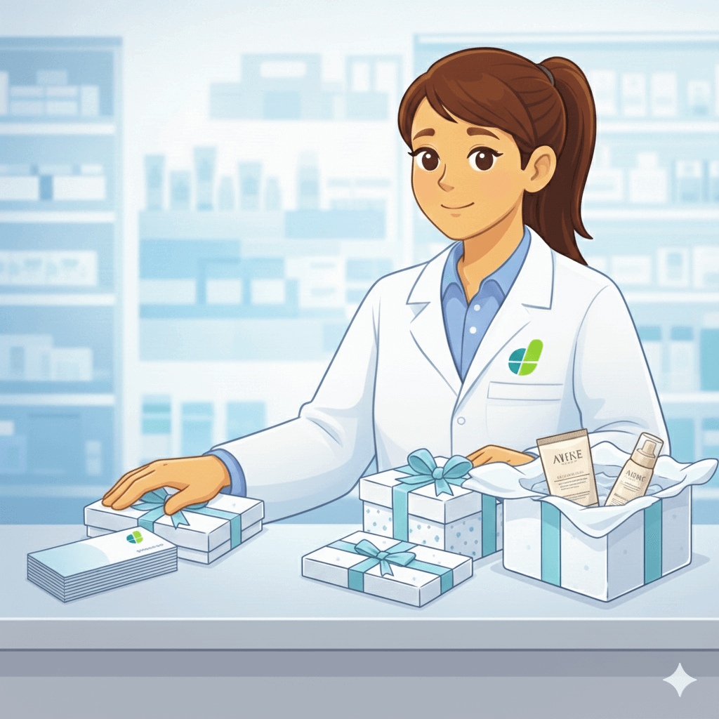 Cadeaubon of gepersonaliseerd geschenkpakket met verzorgingsproducten van Apotheek Desmedt