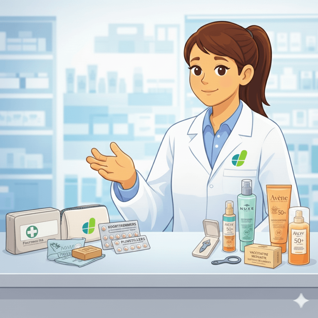 Apotheker met reisapotheek benodigdheden zoals zonbescherming, tekenklemmen en informatie over vaccinaties voor verre reizen.